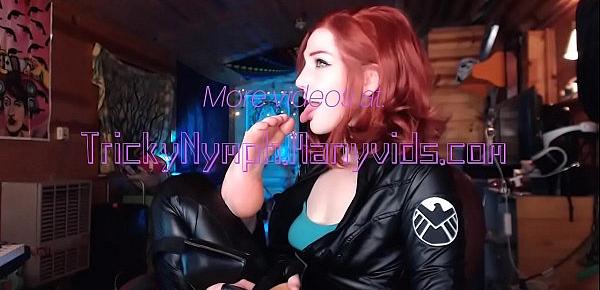  Tricky Nymph Dressed as Black Widow Teases You and Sucks Your Cock